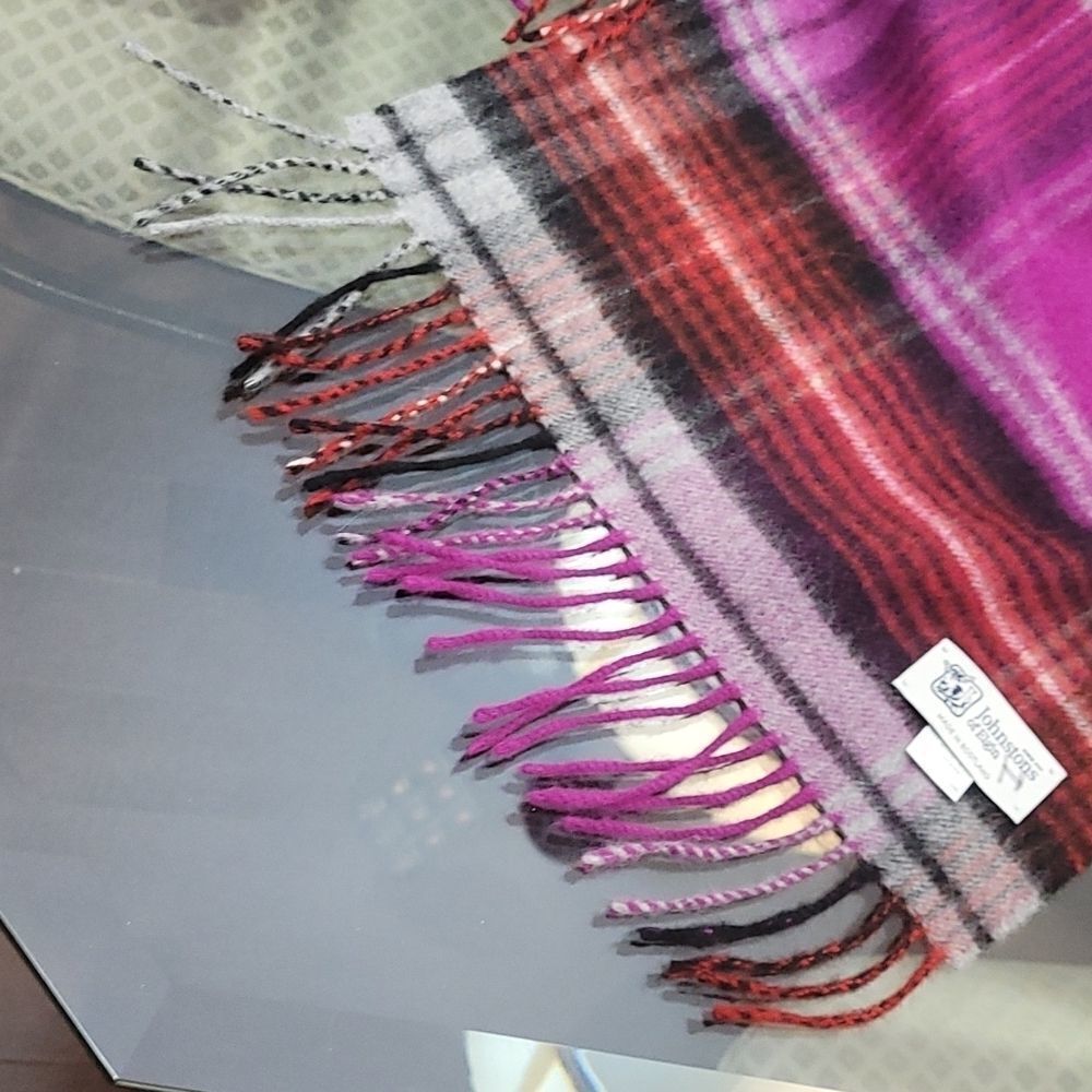 johnstons of Elgin Merino Wool and Angora Purple Tartan Fringed Scarf - Picture 3 of 5